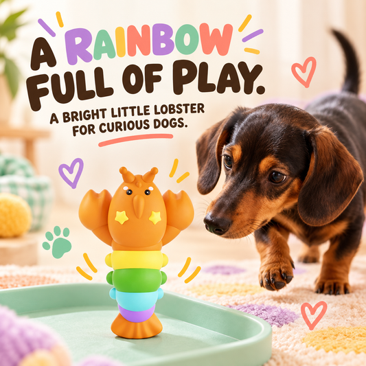 Rainbow Lobster Chew Toy in a playful lifestyle scene