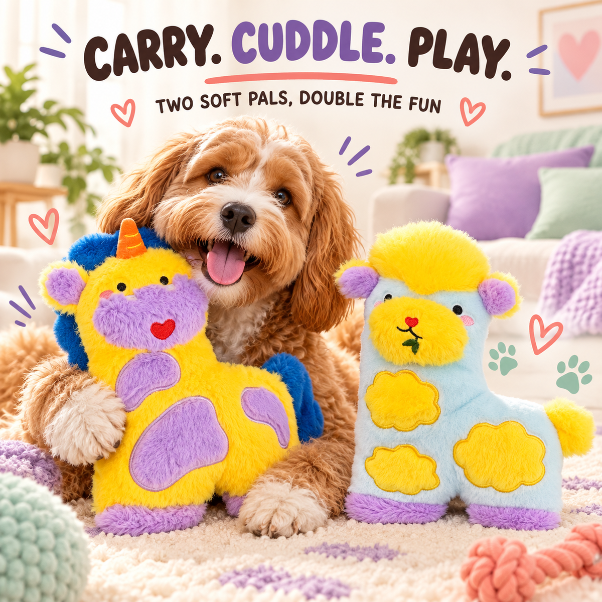 Snuggle Patch Plush Dog Toy in a playful lifestyle scene