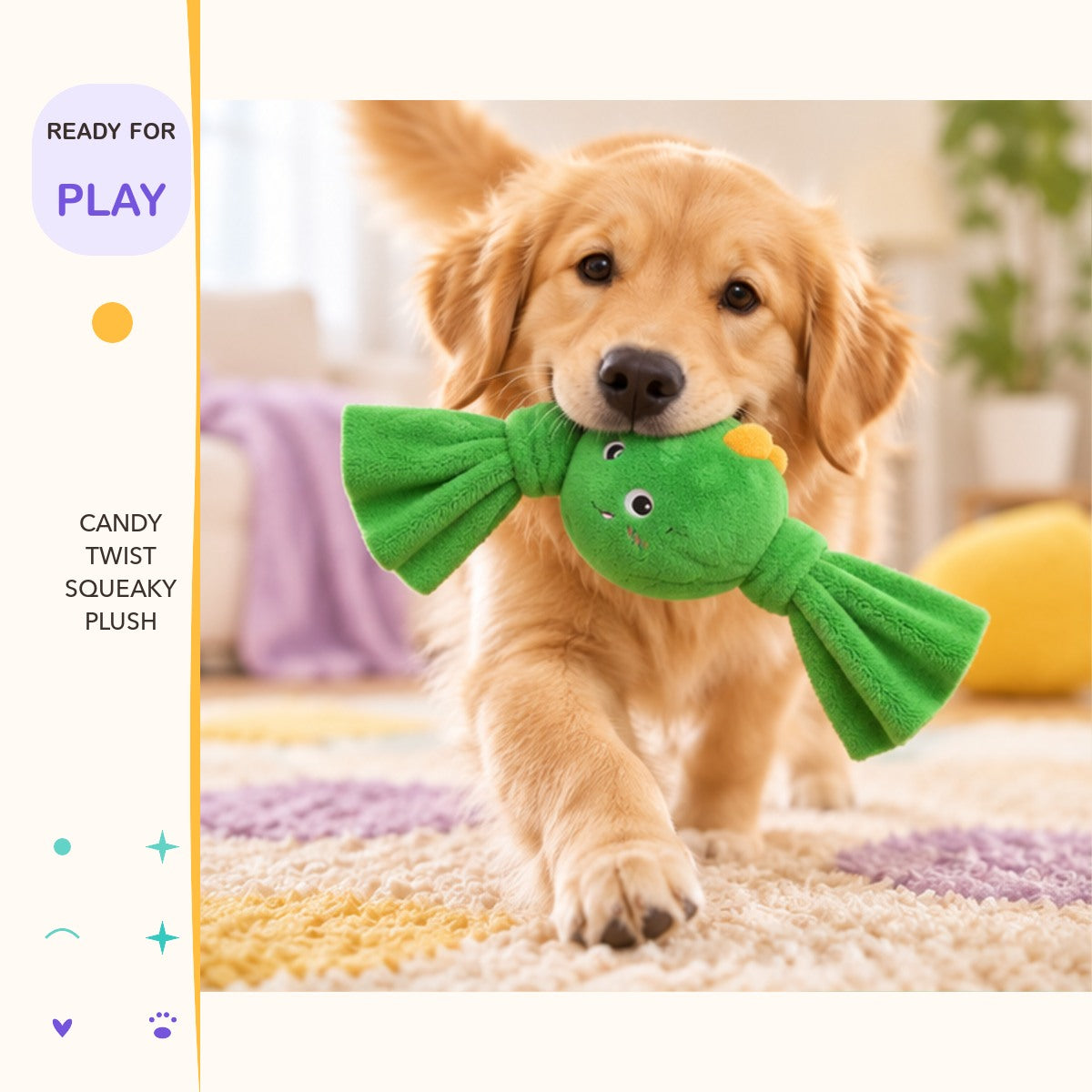 Candy Twist Squeaky Plush in a playful lifestyle scene