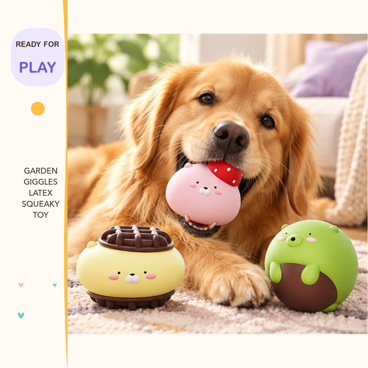 Garden Giggles Latex Squeaky Toy in a playful lifestyle scene