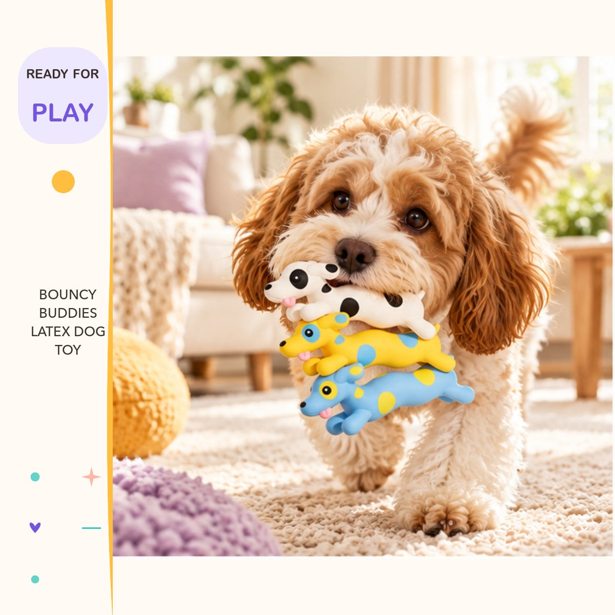 Bouncy Buddies Latex Dog Toy in a playful lifestyle scene