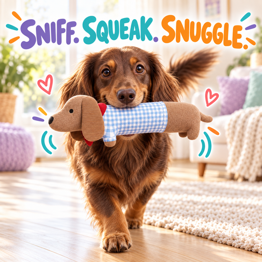 Sausage Scout Squeaky Dog in a playful lifestyle scene