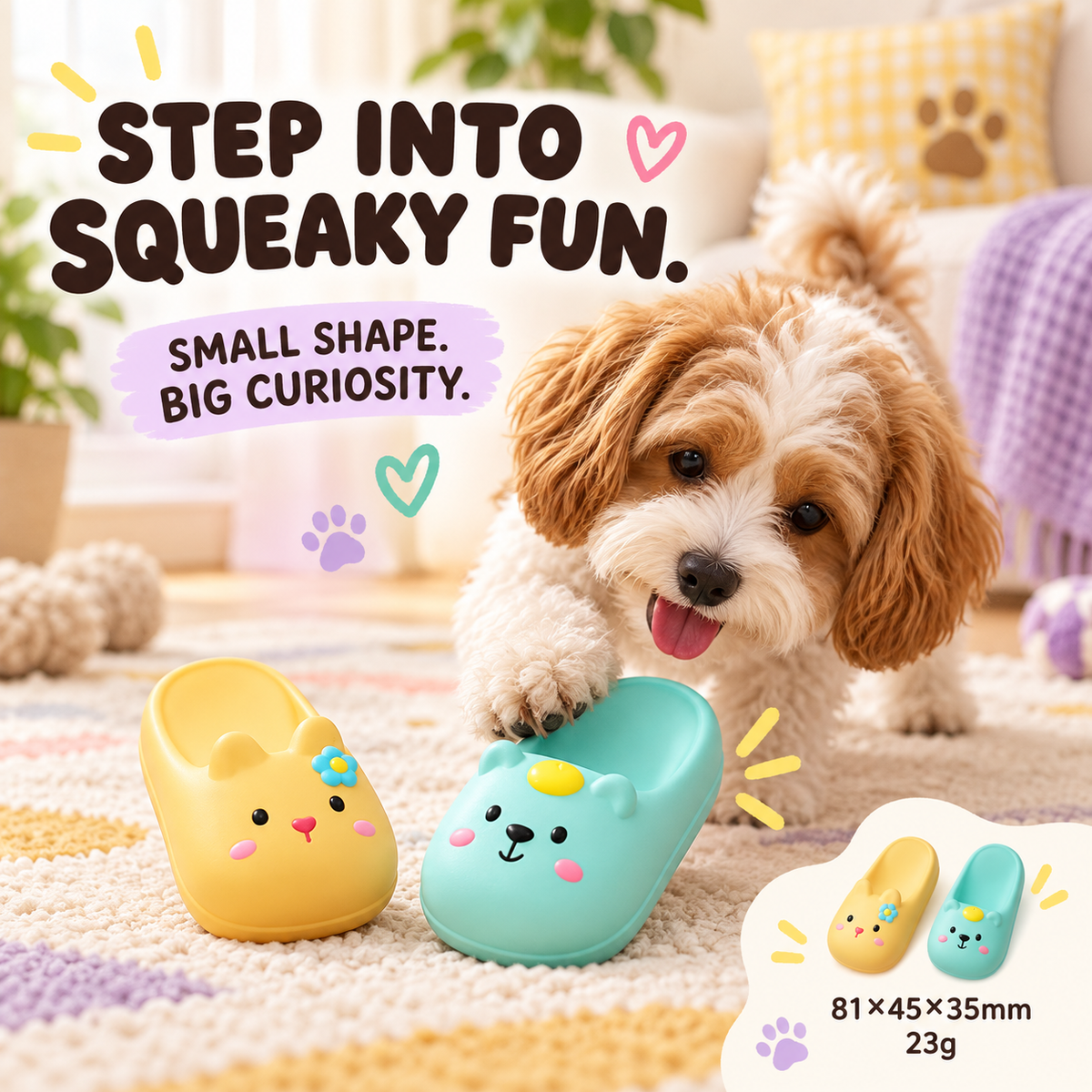 Cozy Step Squeaky Slipper in a playful lifestyle scene