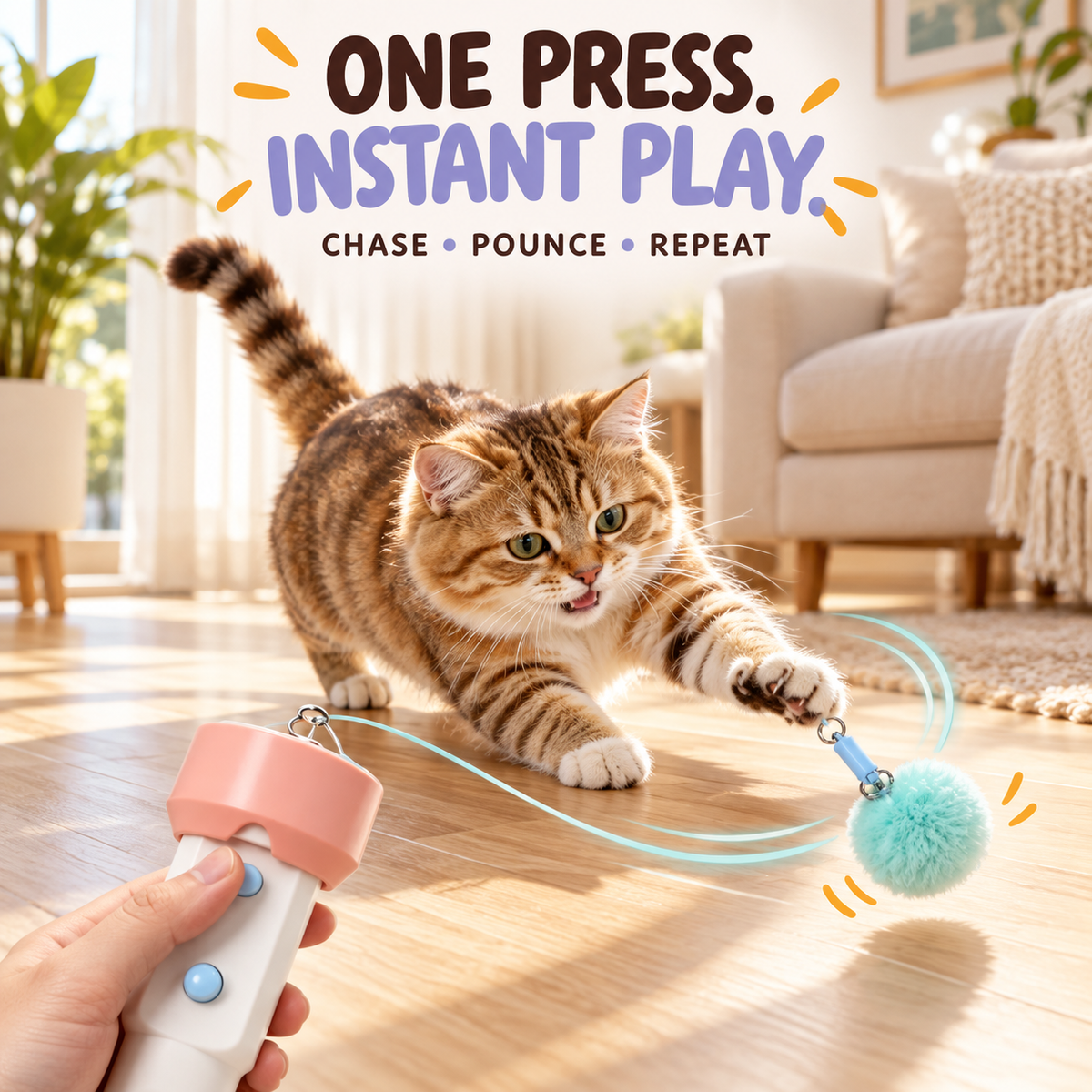 Cat playing with the handheld pom-pom teaser