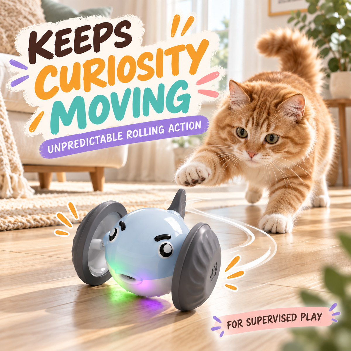 Cats watching the rolling wheel toy