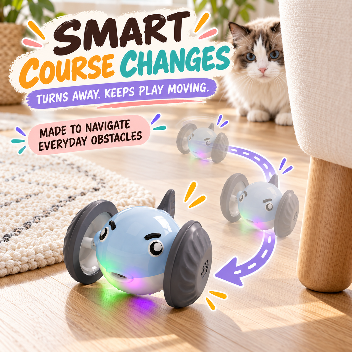 Self-moving cat toy changing course