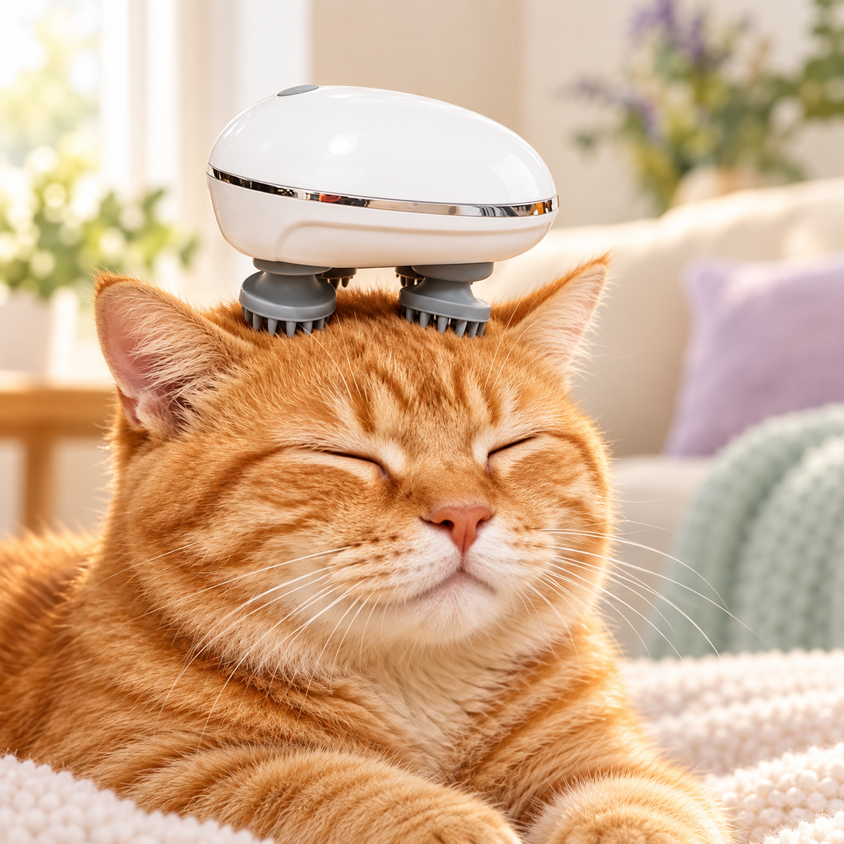CalmPaws white four-head pet massage brush with a cat