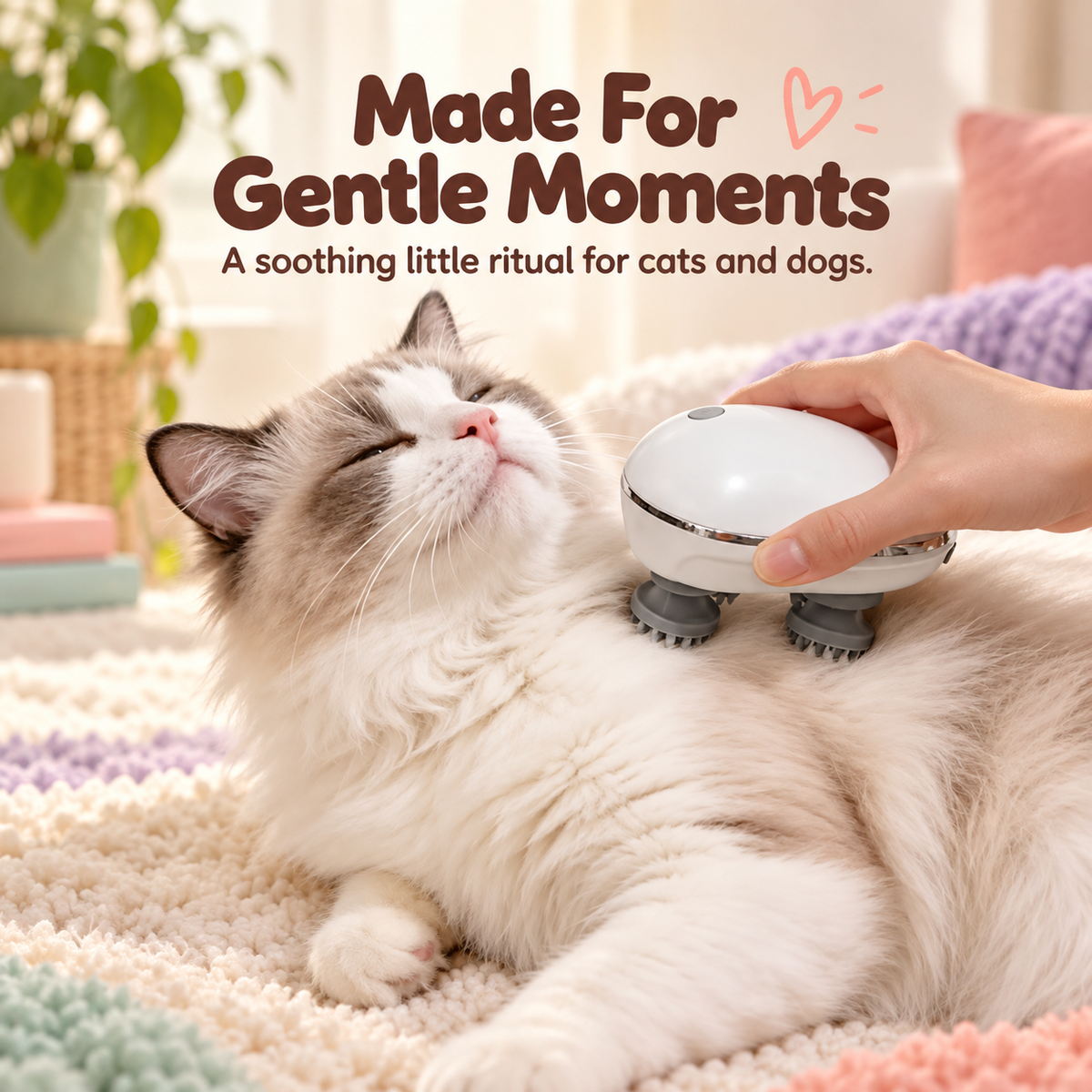 Long-haired cat being groomed with the massage brush