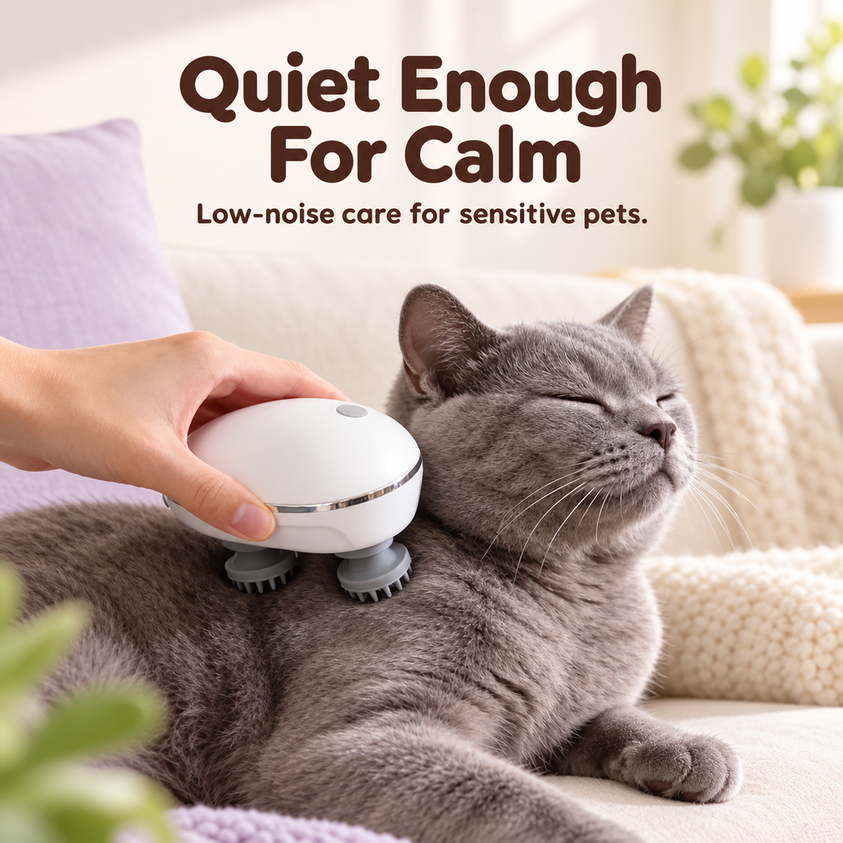 Quiet massage brush used on a resting cat