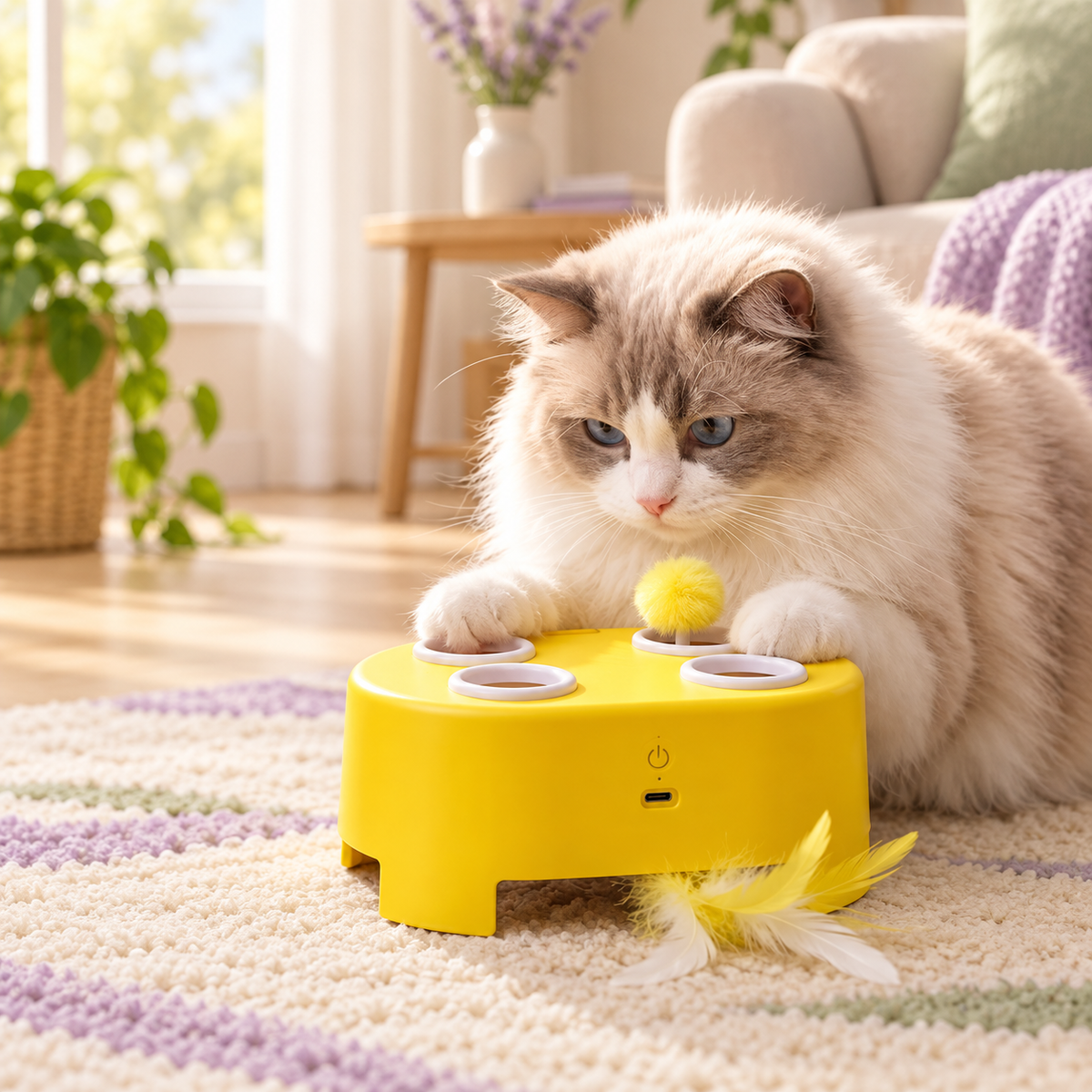 Cheese Chase yellow pop-up cat toy with a curious cat