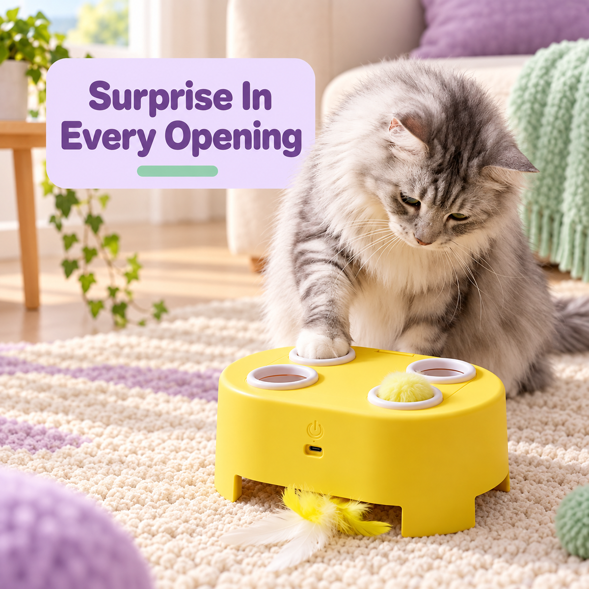Cat investigating moving plush targets in the toy