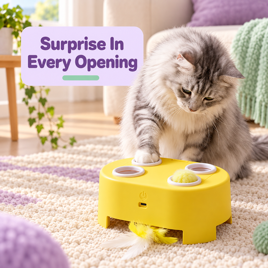 Cat investigating moving plush targets in the toy