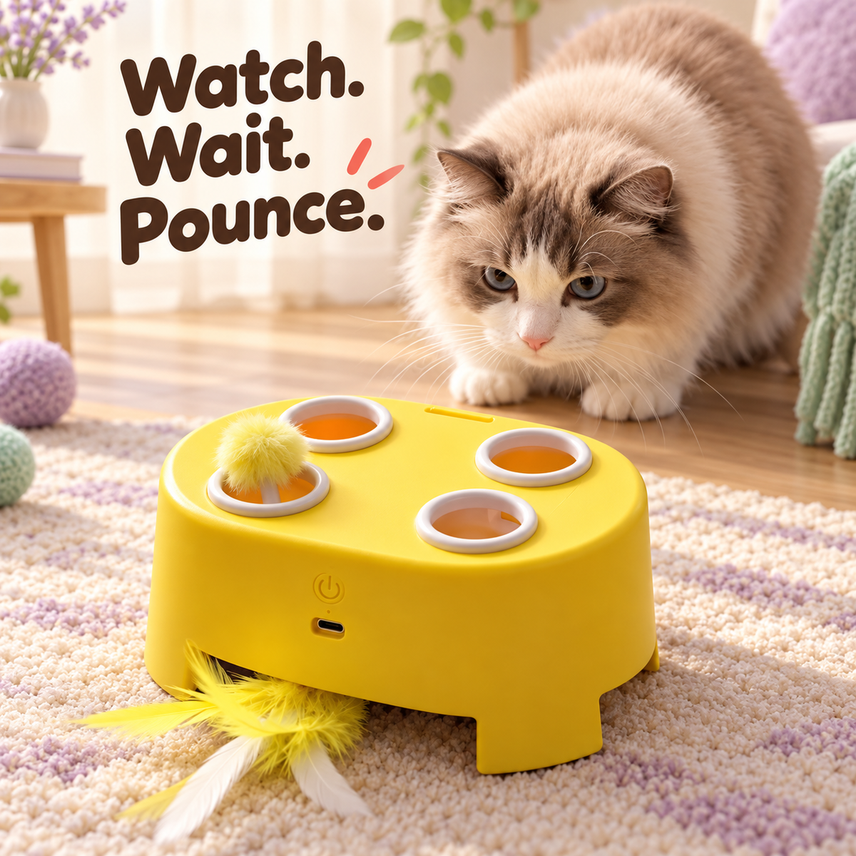 Curious cat pawing the rounded interactive toy