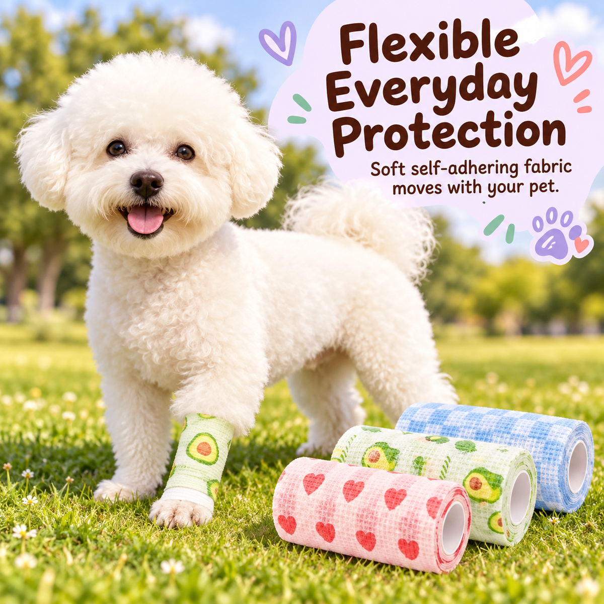 Small dog wearing a flexible patterned paw wrap