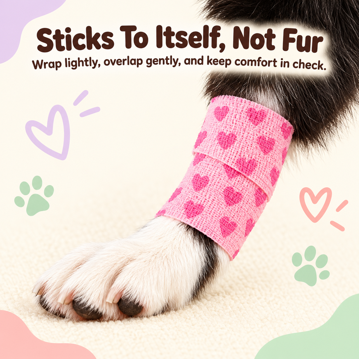 Self-adhering wrap sticking to itself without pulling fur