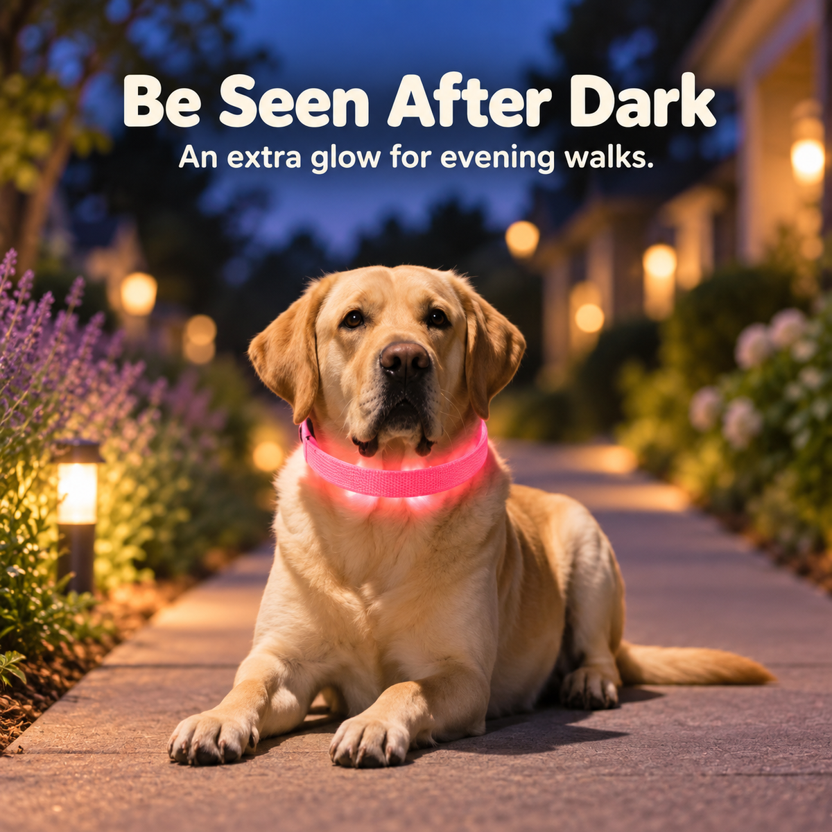 Dog wearing a glowing collar during an evening walk