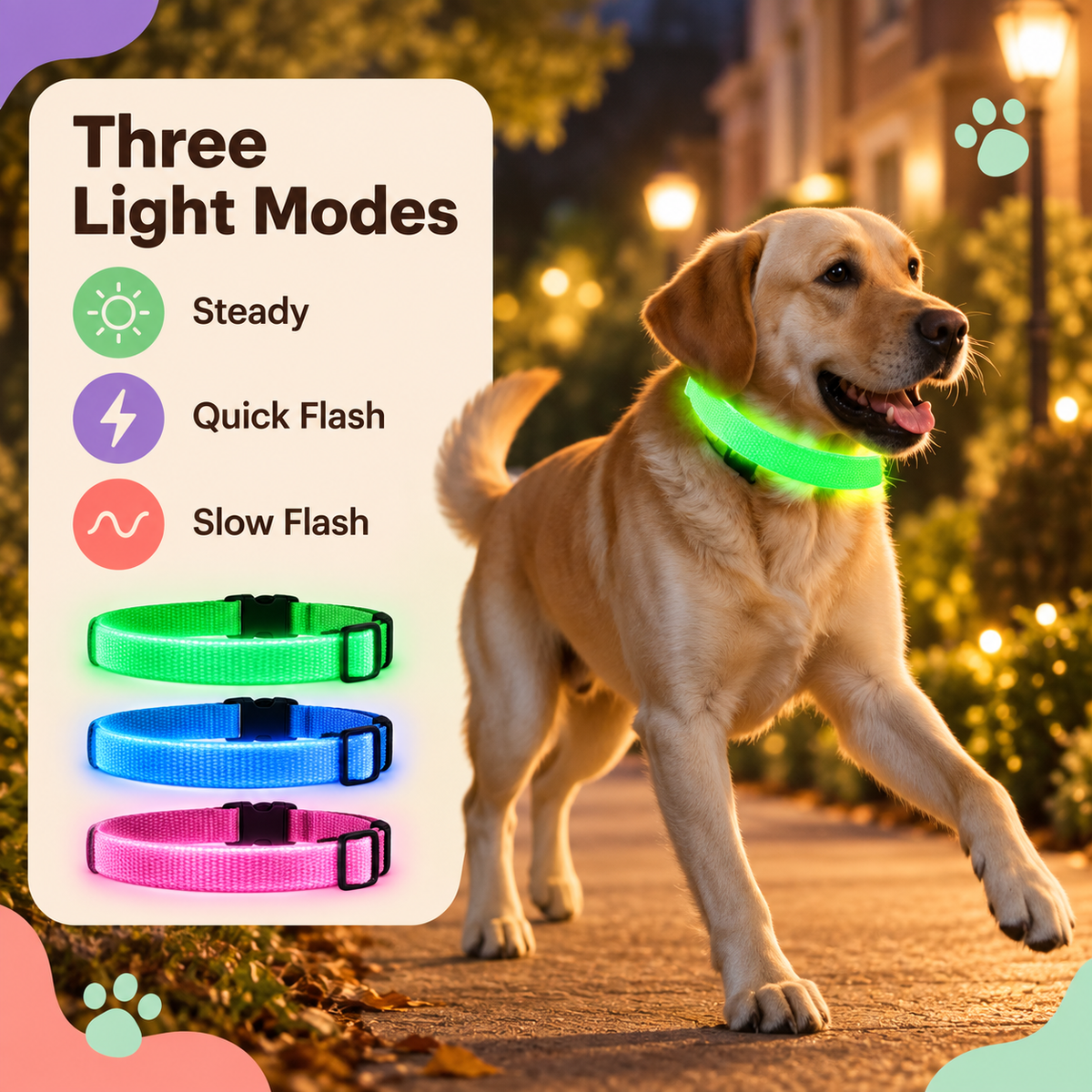 Green illuminated collar showing selectable light modes