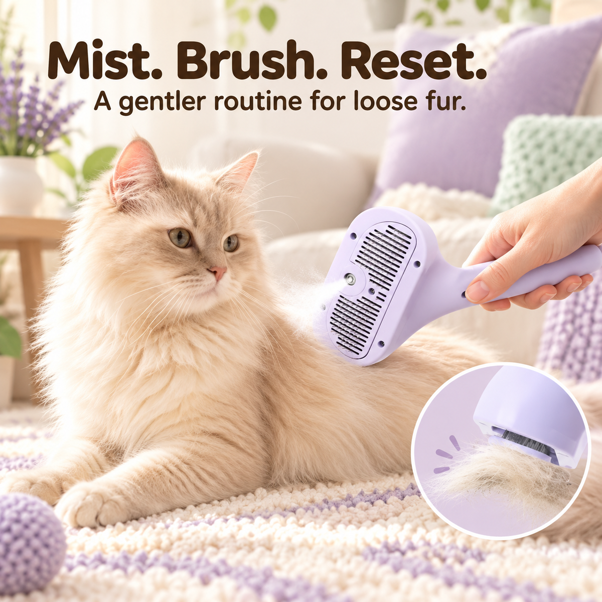 Fine mist grooming brush used on a long-haired cat
