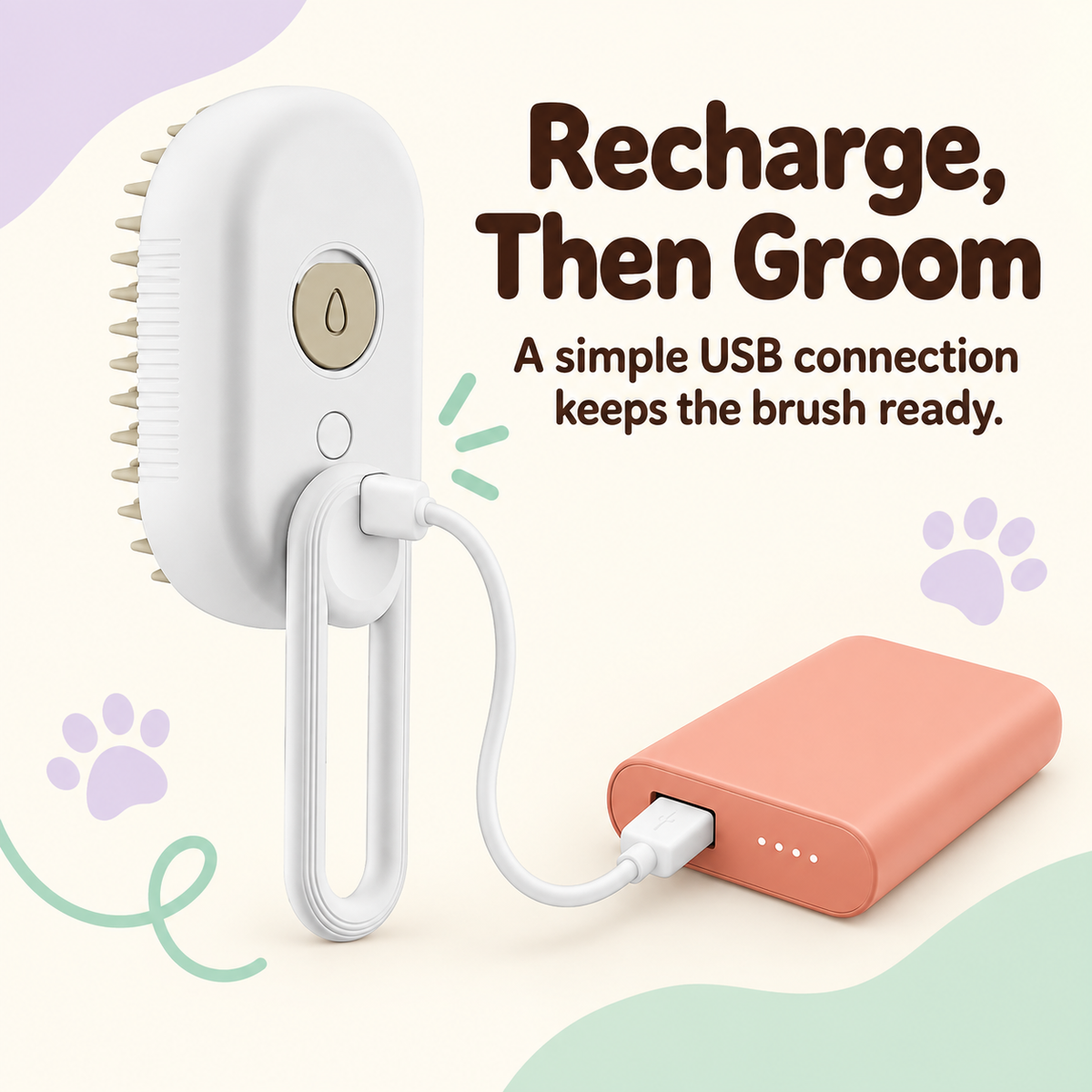 USB rechargeable grooming brush and charging connection