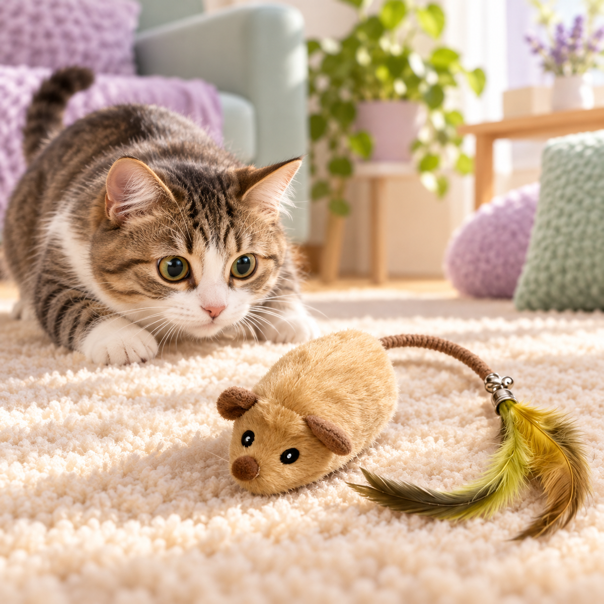 Plush Pursuit interactive mouse toy in a cosy cat play scene