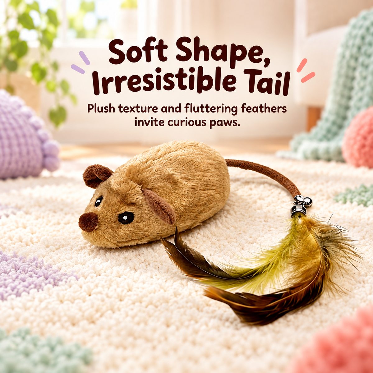 Realistic plush mouse body and feather tail detail