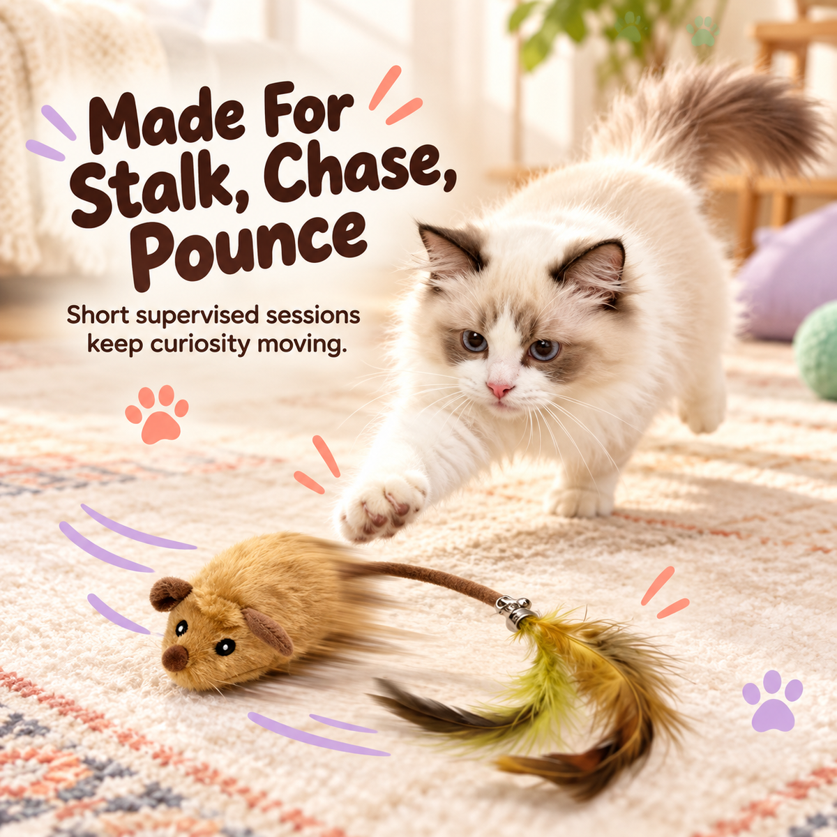 Cat chasing the Plush Pursuit toy across a rug