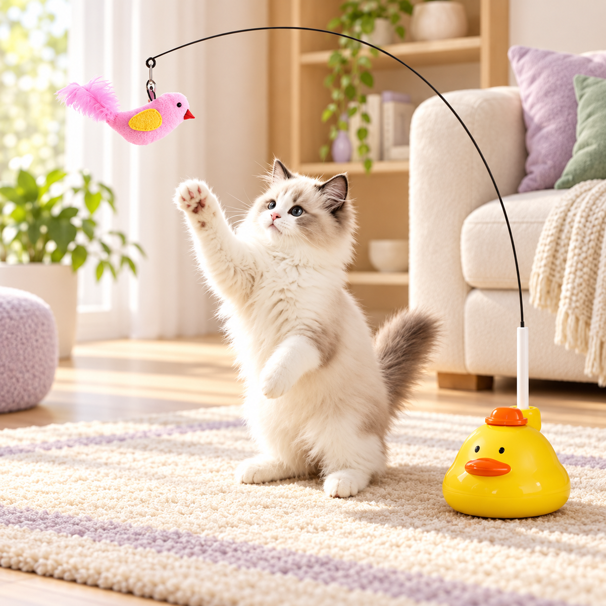 Quack & Spin rotating duck cat teaser in a warm living room