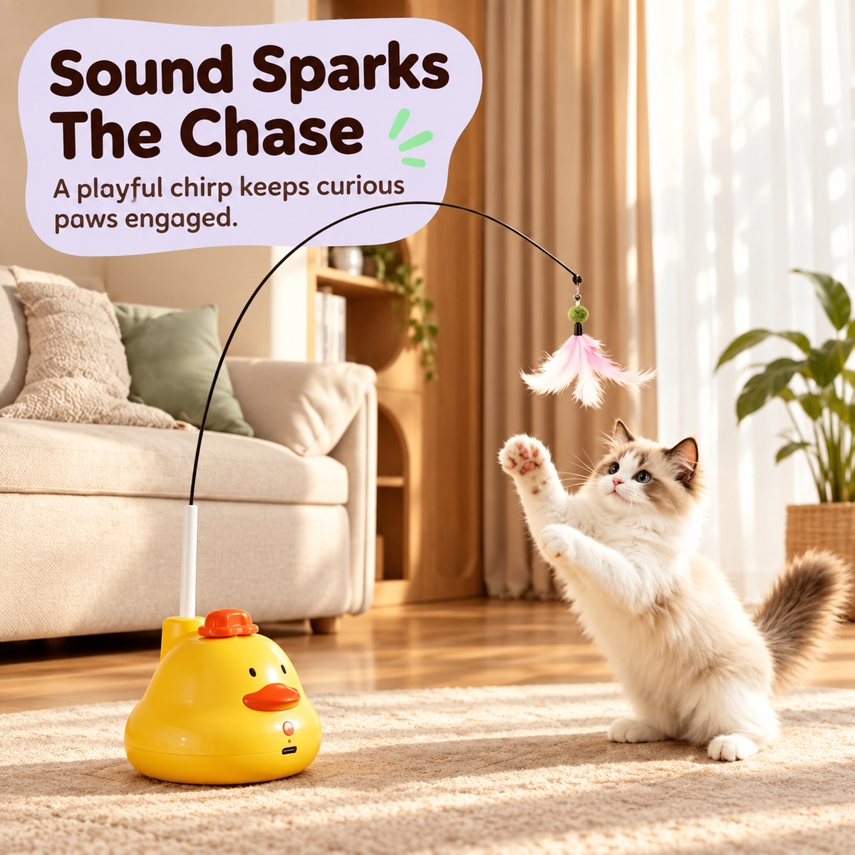Cat reaching for the sound and feather teaser