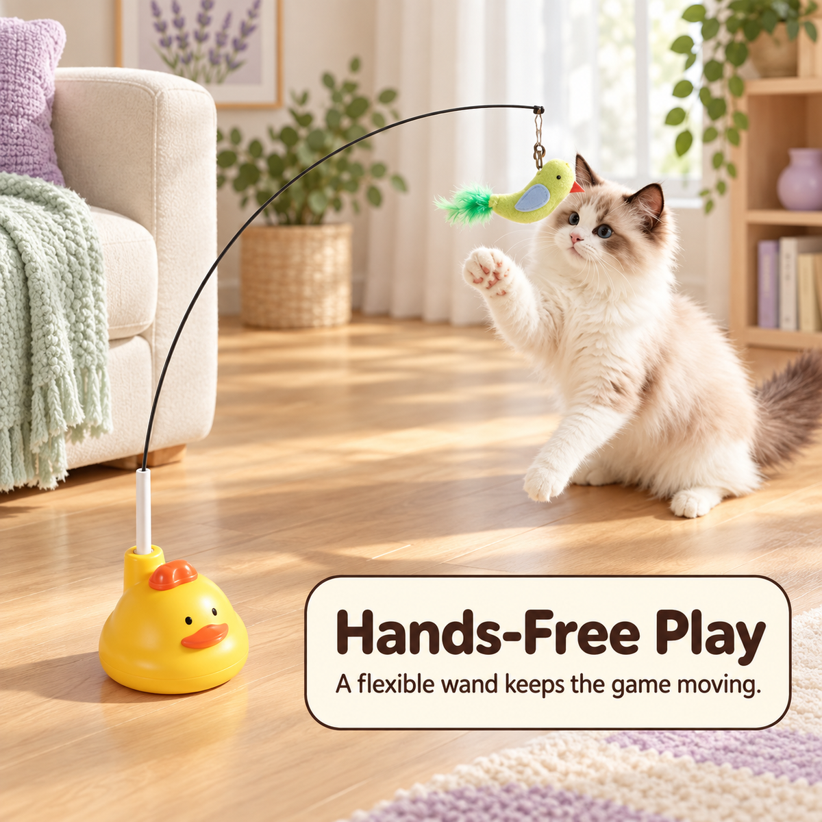 Flexible rotating wand encouraging natural chase play