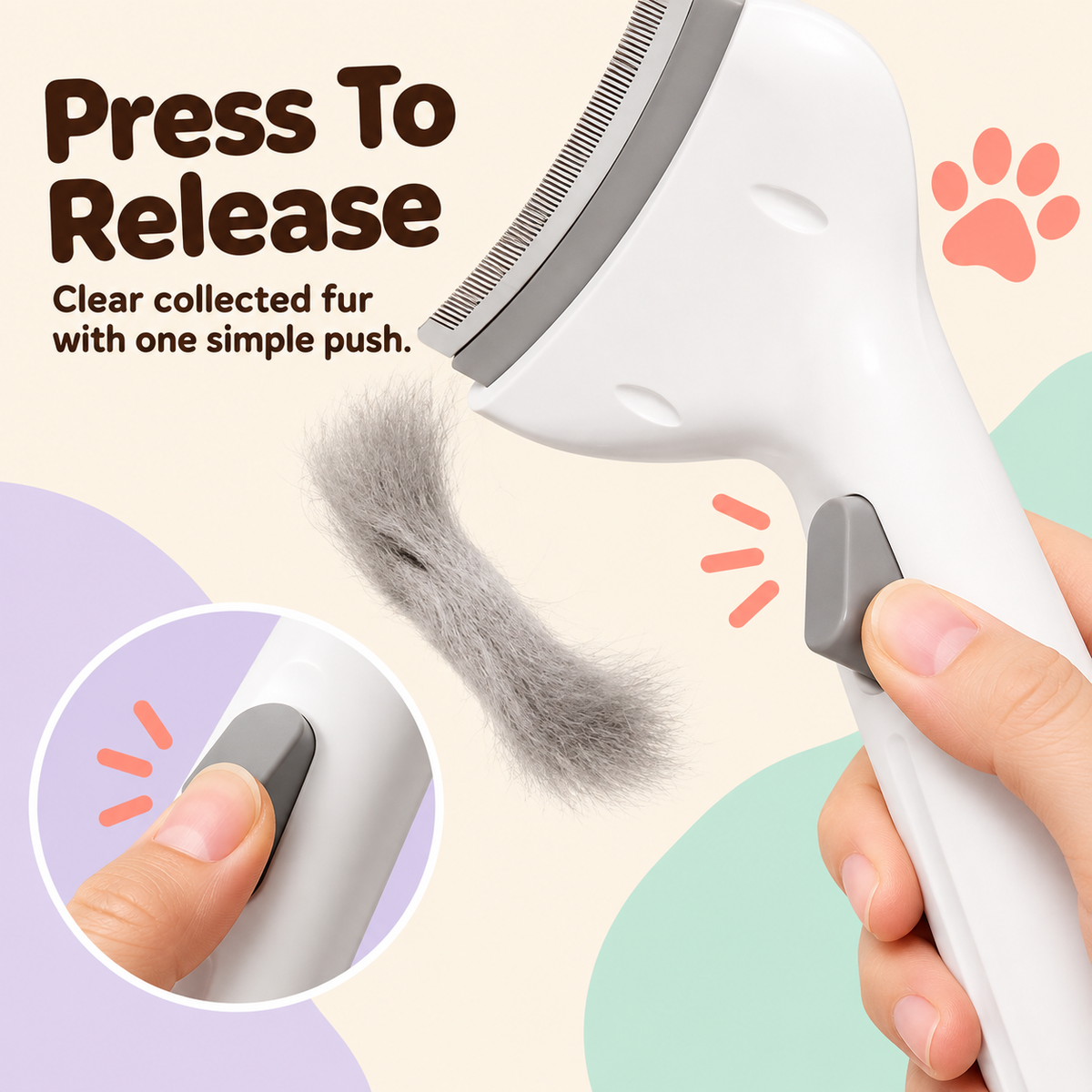 Push-button release removing collected pet hair
