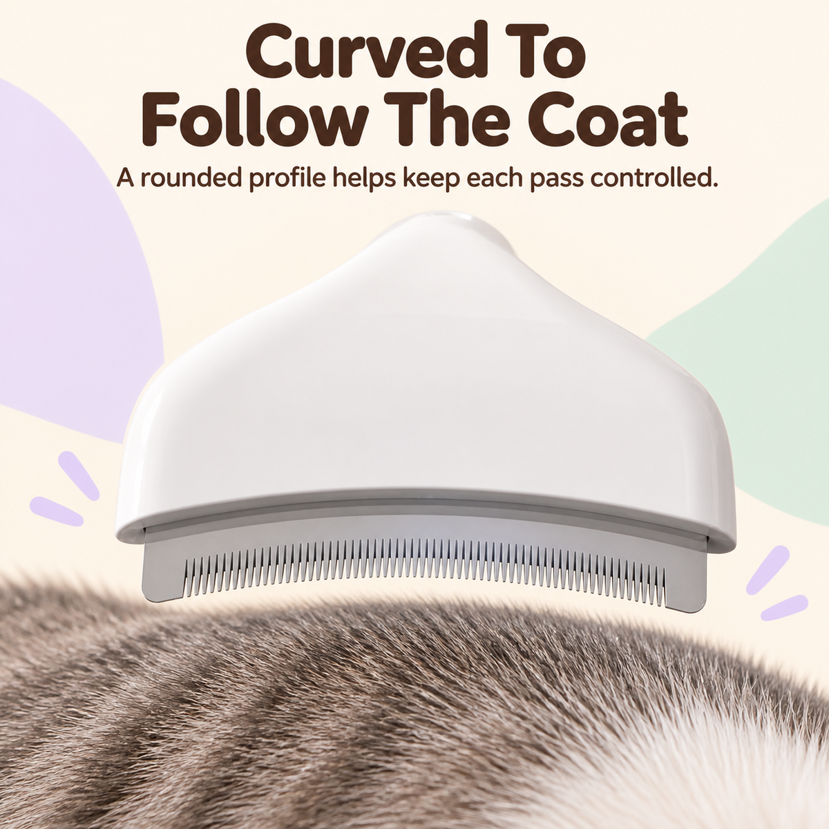 Curved QuickClean grooming head following a pet's coat