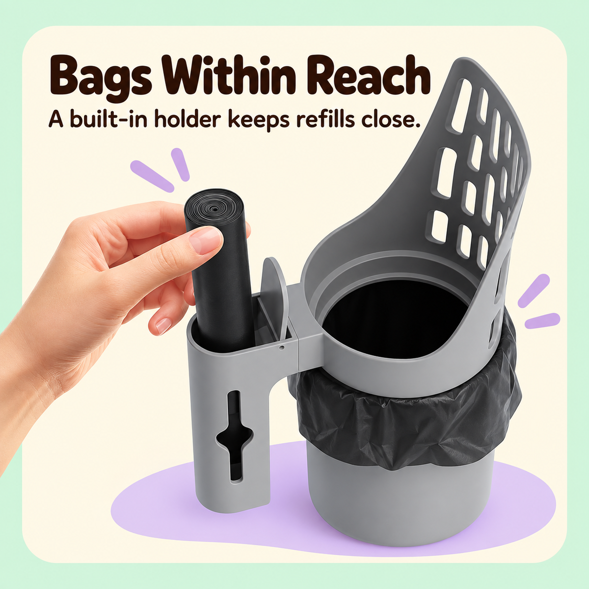 Built-in waste bag holder on the litter scoop