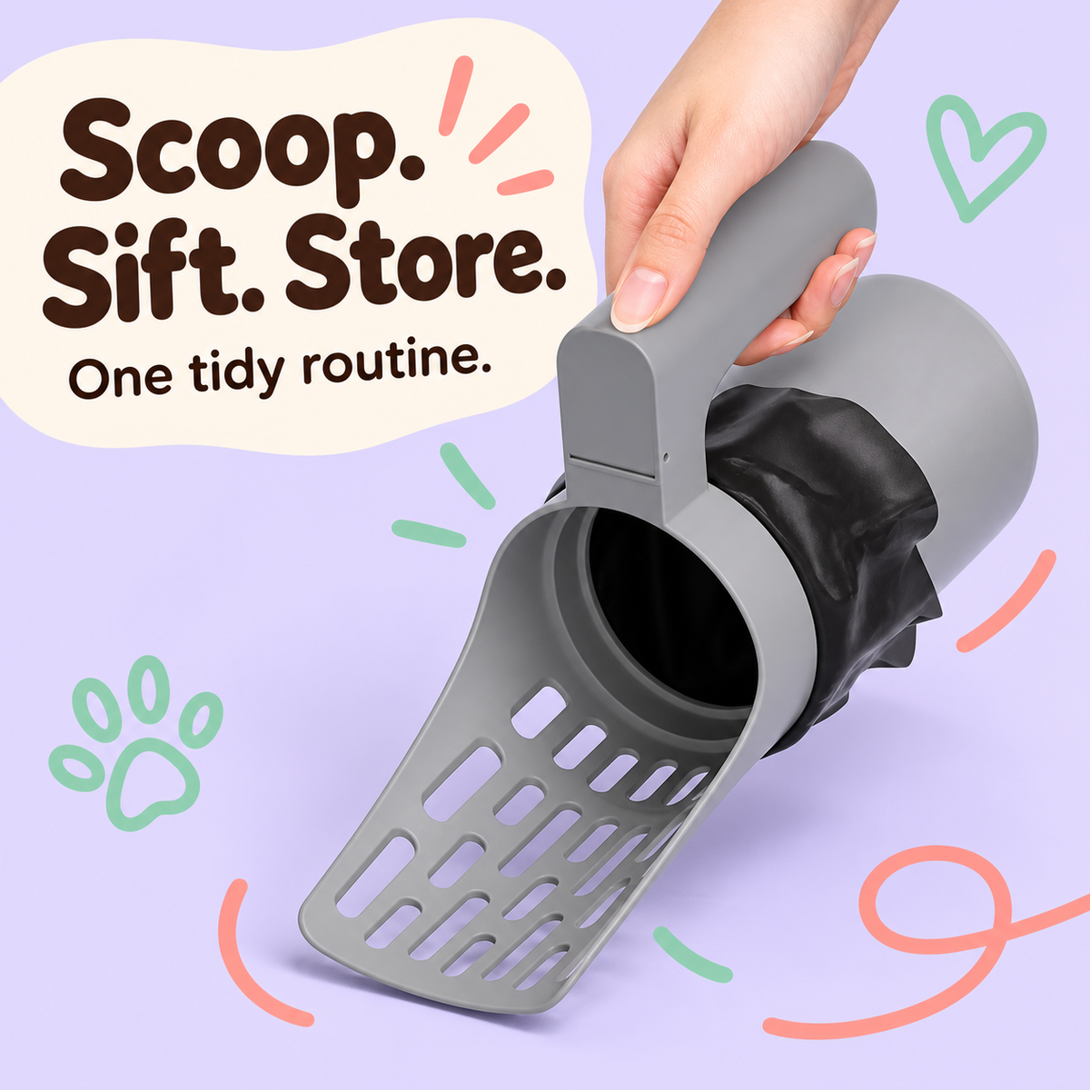 Wide slotted scoop head separating litter
