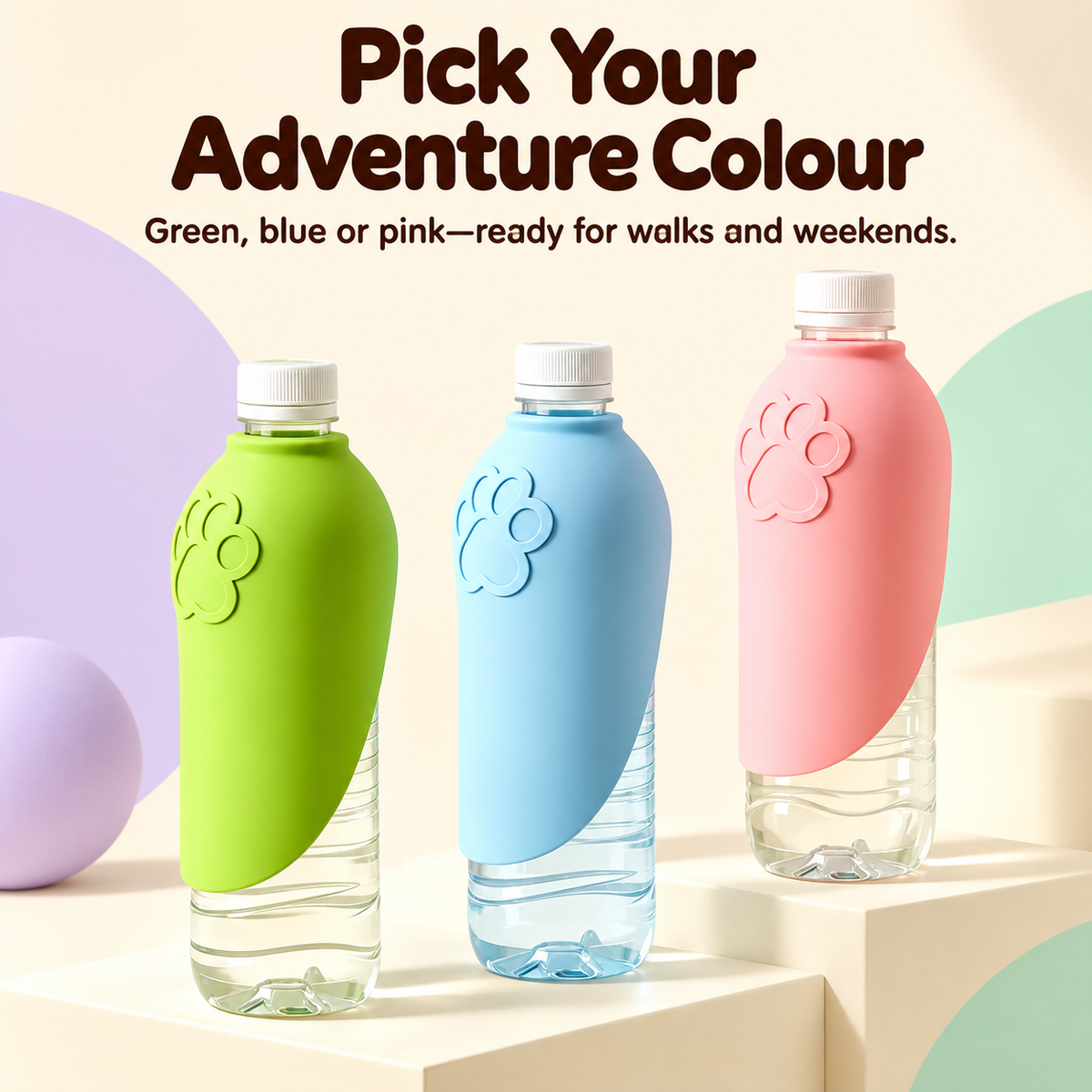 Pink, blue and green portable pet drinking attachments