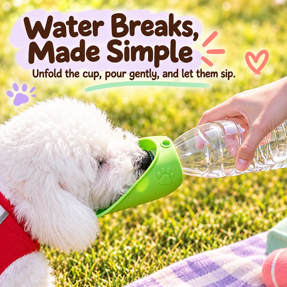 Small dog drinking outdoors from the curved cup