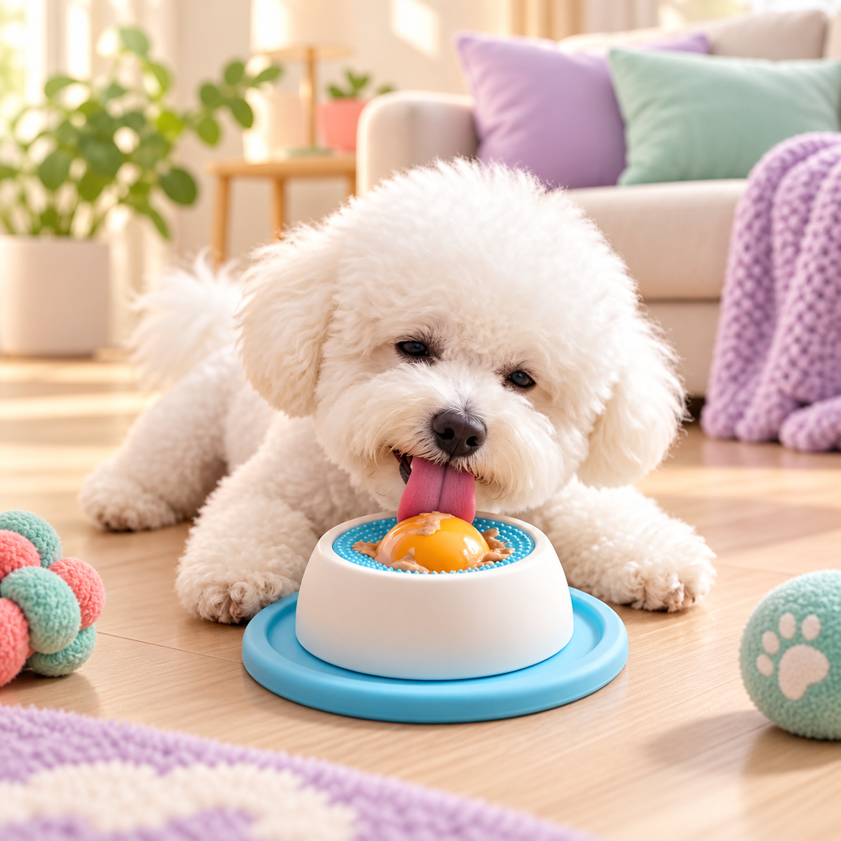 Small dog using the Spin & Lick slow feeder bowl