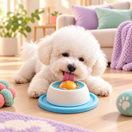 Small dog using the Spin & Lick slow feeder bowl