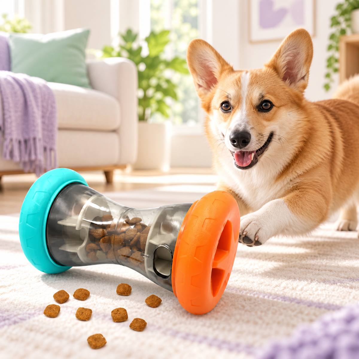 Treat Tumble rolling puzzle dispenser with a dog