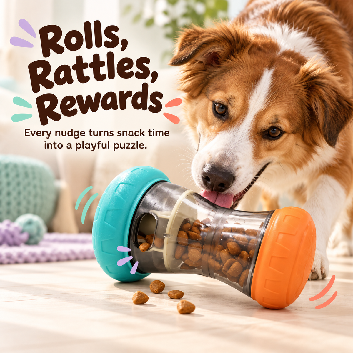 Dog nudging the rolling treat puzzle on the floor